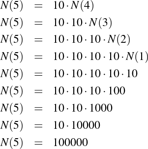 N (5 ) =   10 ⋅N(4)

N (5 ) =   10 ⋅10⋅N (3)
N (5 ) =   10 ⋅10⋅10 ⋅N(2)

N (5 ) =   10 ⋅10⋅10 ⋅10⋅N (1)
N (5 ) =   10 ⋅10⋅10 ⋅10⋅10
N (5 ) =   10 ⋅10⋅10 ⋅100

N (5 ) =   10 ⋅10⋅1000
N (5 ) =   10 ⋅10000

N (5 ) =   100000
